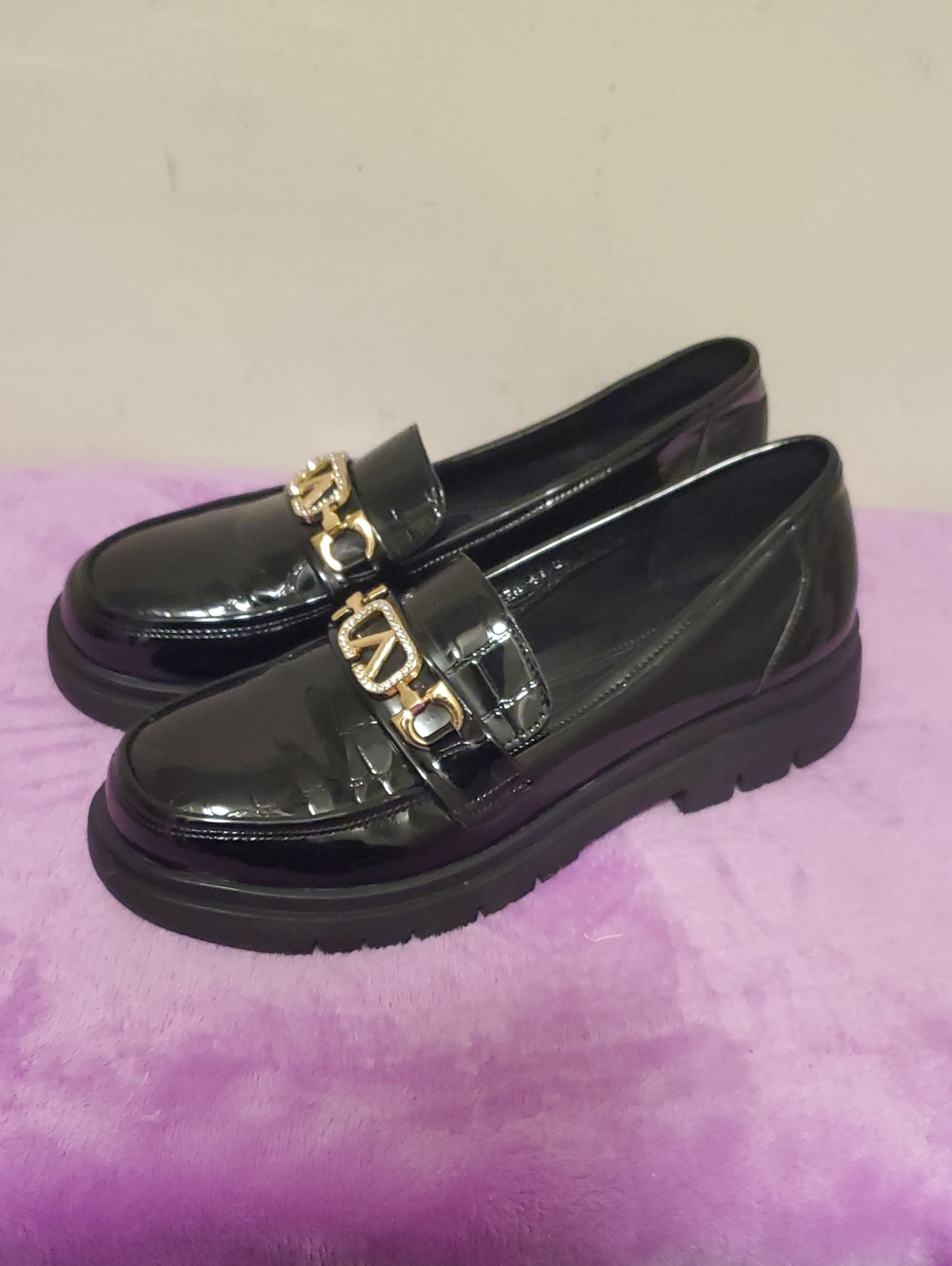 Women’s Black Patent Loafers with Gold Chain Accent